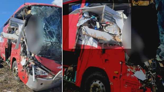 In the impact, the caravan smashed into the front of the bus, which ended up coming to rest across nearby train tracks. Queensland crash