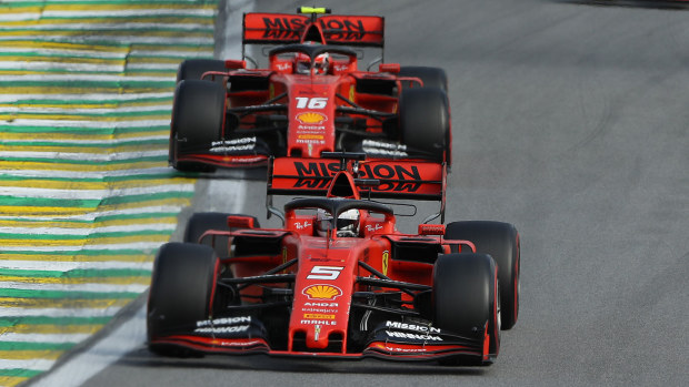Sebastian Vettel leads Charles Leclerc during the Brazilian Grand Prix.