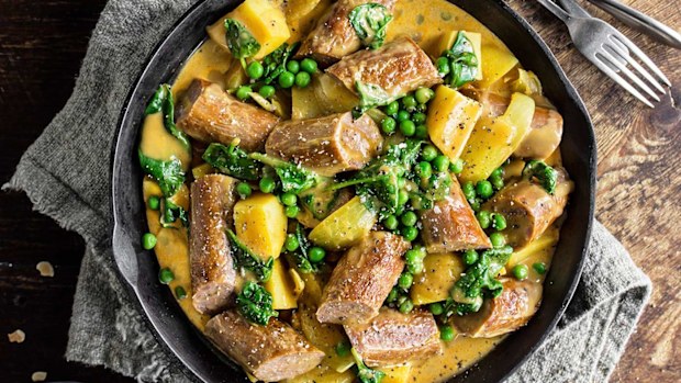 Curried sausages with yellow fried rice 