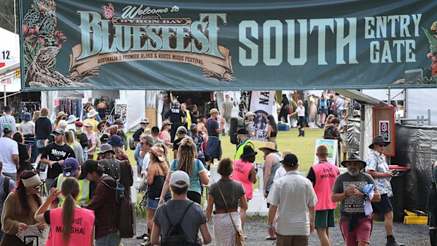 Festival visitors enter one of the main entrances during day one of the Byron Bay Bluesfest on April 14, 2022 in Byron Bay, Australia. The music festival returns after a two-year break due to the coronavirus pandemic. 