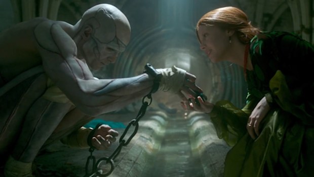 Jacob Elordi and Mia Goth as The Creature and Elizabeth in Guillermo del Toro's Frankenstein.