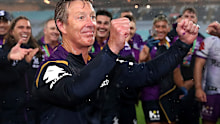 Craig Bellamy celebrates Melbourne's premiership win over Penrith.