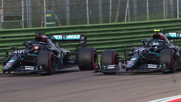 Valtteri Bottas (left) and Lewis Hamilton gave Mercedes a record seventh consecutive Constructors' Championship at Imola.