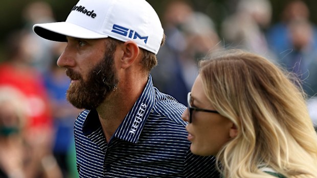 Dustin Johnson with fiancée Paulina Gretzky after winning the Masters at Augusta National.