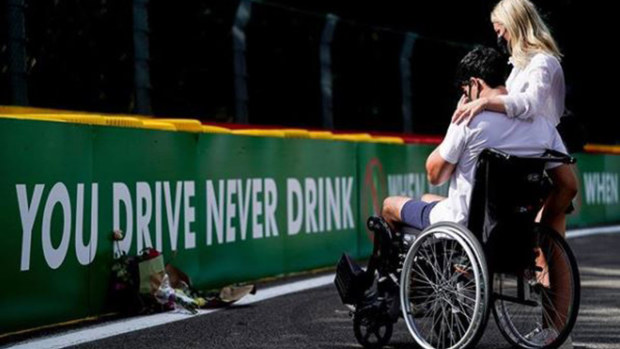 Juan Manuel Correa at the site of Anthoine Hubert's fatal crash.