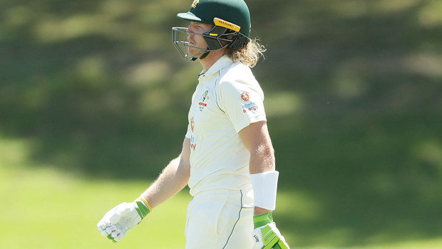 Will Pucovski leaves the field after being dismissed for one in the tour match against India.
