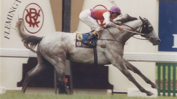 Greg Hall rides Subzero to victory in the 1992 Melbourne Cup.