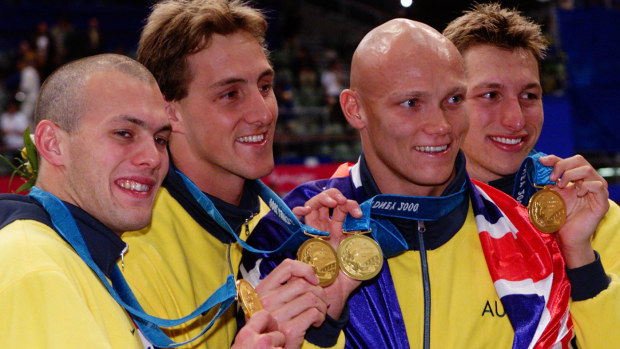 Ashley Callus, Chris Fydler, Michael Klim and Ian Thorpe with their gold medals.