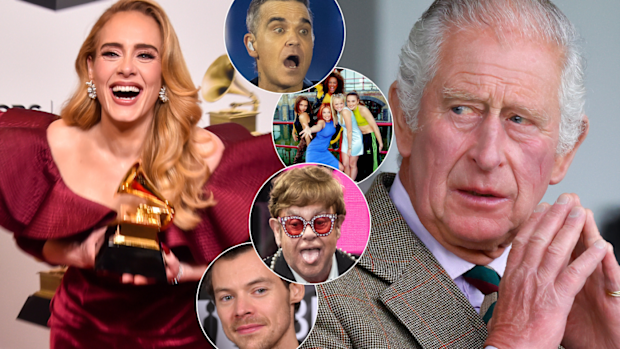 Adele, Robbie Williams, Spice Girls, Elton John, Harry Styles, King Charles III