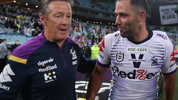 Craig Bellamy with Storm captain Cameron Smith.