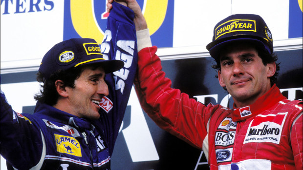 Alain Prost (left) and Ayrton Senna on the podium at Adelaide in 1993, just months before the Brazilian's death.