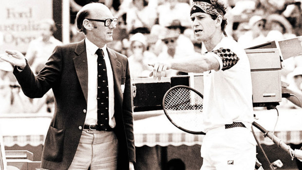 John McEnroe argues with umpire Peter Bellenger at the 1985 Australian Open.