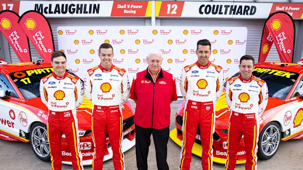 Dick Johnson with DJR Team Penske's four drivers for this year's Bathurst 1000: Tim Slade, Scott McLaughlin, Fabian Coulthard and Tony D'Alberto.