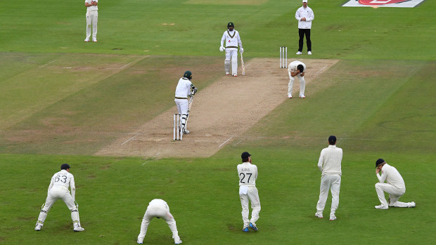 Zak Crawley drops Mohammad Abbas of Pakistan off the bowling of James Anderson.