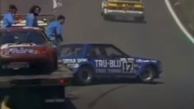 Dick Johnson's car immediately after hitting the rock during the 1980 Bathurst 1000.