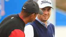 Tiger Woods and Justin Thomas talk during the final round of the PNC Championship.