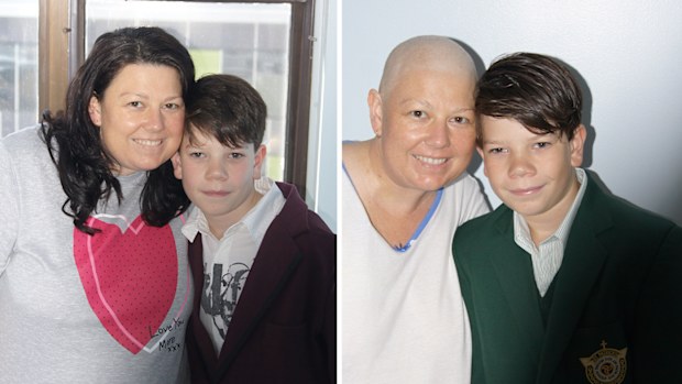 Jacob Boutcher with his mum Jodie before and after her cancer diagnosis.