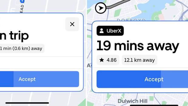 A screenshot showing the different details shown to Aussie Uber drivers with an 85 per cent or more acceptance rate (left), and those with a lower rate (right) before accepting a ride.