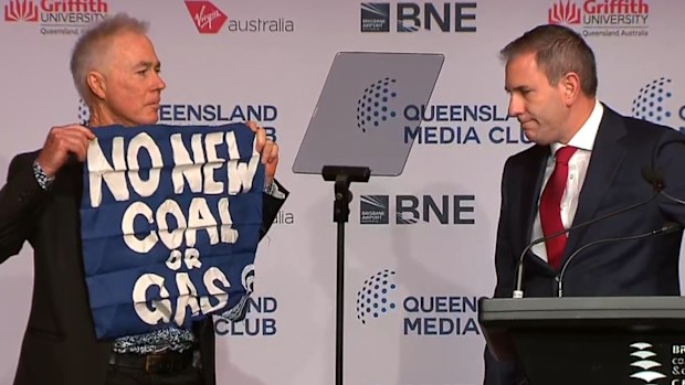 Chalmers was interrupted by a protester during his speech to Brisbane's Media Club.