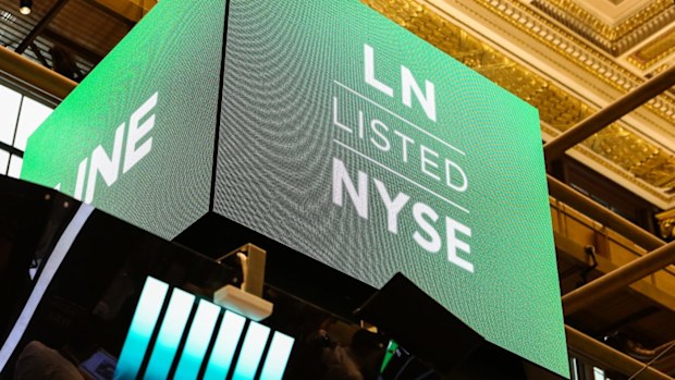 Line surges in its trading debut