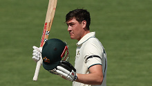 CANBERRA, AUSTRALIA - DECEMBER 08:  Matthew Renshaw of the Prime Ministers XI celebrates and acknowledges the crowd after scoring a century during day three of the Tour Match between PM's XI and Pakistan at Manuka Oval on December 08, 2023 in Canberra, Australia. (Photo by Mark Metcalfe/Getty Images)