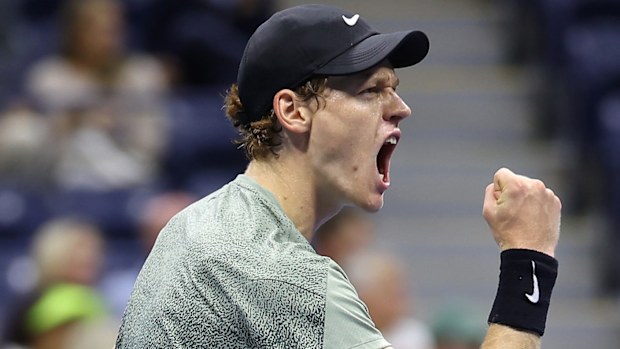 Jannik Sinner of Italy reacts after a point against Daniil Medvedev of Russia.