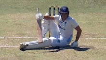 Chris Green sitting at the crease arguing.