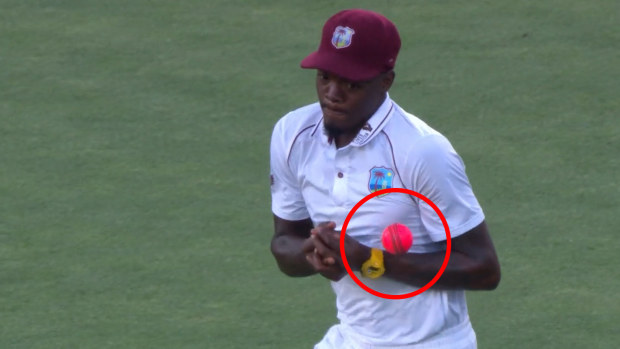 West Indian bowler Alzarri Joseph dropped this ball off Steve Smith shortly after the tea break.