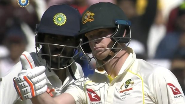 Steve Smith compliments Ravindra Jadeja's delivery.