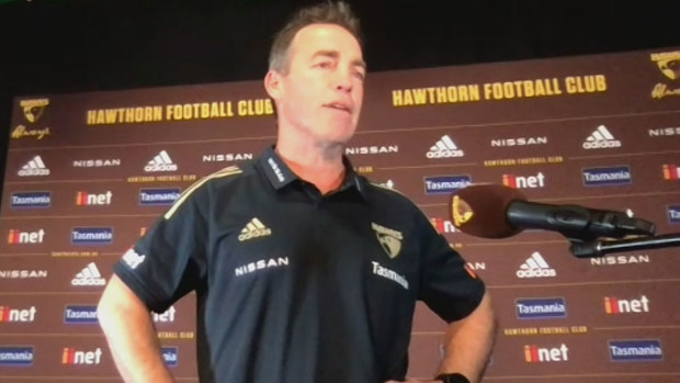 Hawks coach Alastair Clarkson addresses the media.