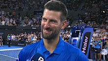 Novak Djokovic speaks after his win at the Brisbane International. 