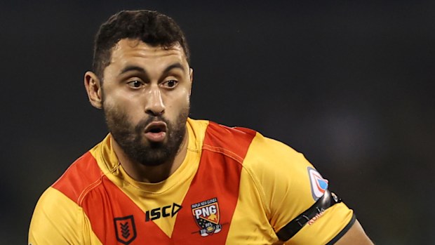 SYDNEY, AUSTRALIA - JUNE 25: Alex Johnston of Papua New Guinea runs the ball during the Men's International Test Match between Papua New Guinea and Fiji at Campbelltown Sports Stadium on June 25, 2022 in Sydney, Australia. (Photo by Mark Kolbe/Getty Images)