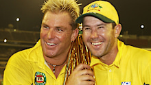 Shane Warne and Ricky Ponting celebrate the 2003 World Cup win.