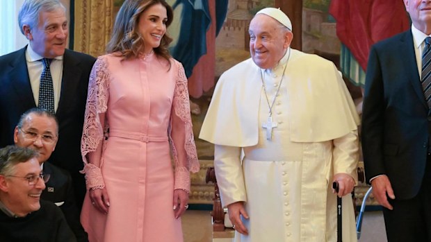 Queen Rania of Jordan with Pope Francis at the Vatican on Monday February 3, 2025.