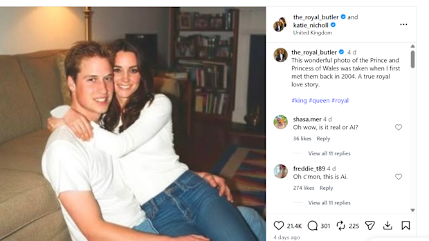 Grant Harrold, former royal butler, shared this image of Prince William and Catherine to his Instagram page but the photo is believed to be an AI-generated fake, May 2026.