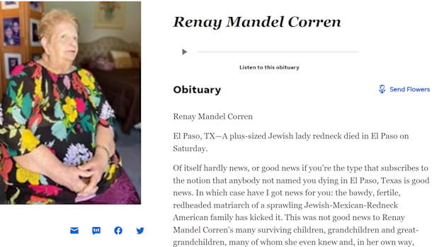Hilarious obituary for Renay Mandel Corren.