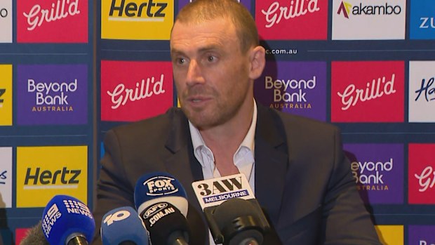 Sacked Demons coach Simon Goodwin speaks to media.