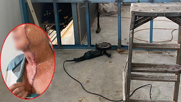 A 71-year-old man who was using a grinder while standing on a ladder suffered a massive cut from his face down to his chest.