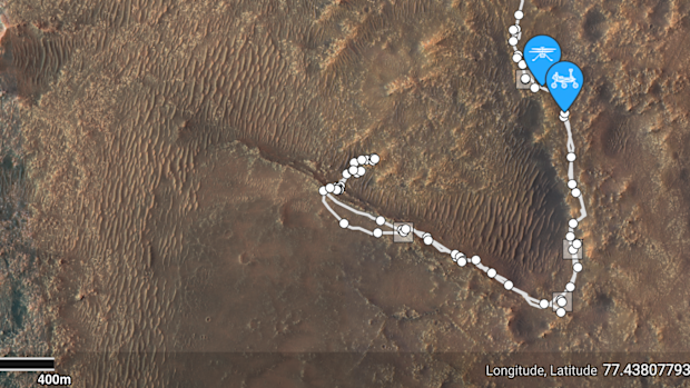 This map provided by NASA is updated each day with Perseverance's location. It also show the rover's landing site and the location of the Mars Helicopter, which was carried by Perseverance.
