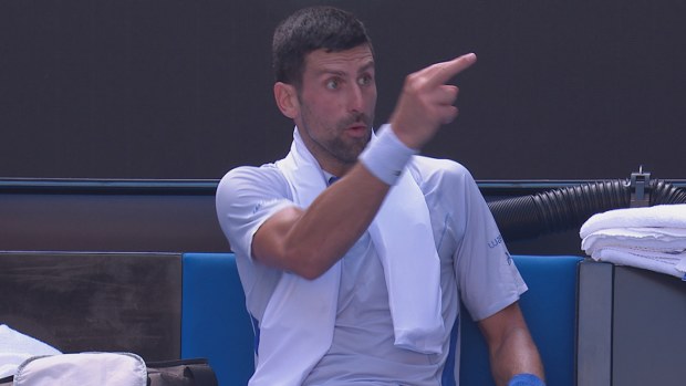 Novak Djokovic was unhappy with his players box during a change of ends in the first set of his quarter-final against Taylor Fritz.