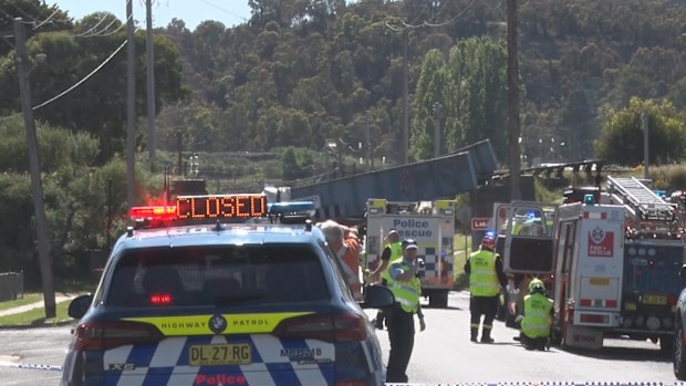 Police on scene at a bridge collapse in Lithgow after it was struck by a truck. 