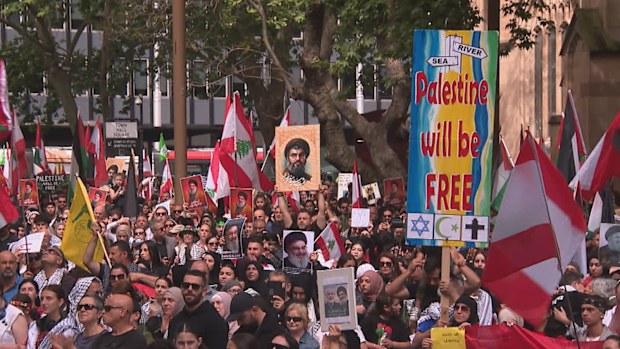 A crowd of pro-Palestinian protestors in Sydney holding signs and flags.
