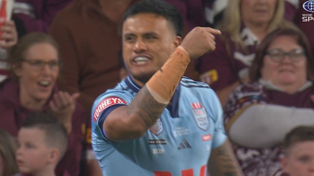 Blues forward Spencer Leniu fires up at Queensland.