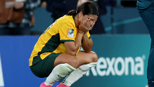 Australia's Sam Kerr looks dejected after Australia was knocked out of the 2023 FIFA Women's World Cup.
