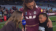 Josh Papali'i and his son Noah speak to Nine's Emma Lawrence following Origin III.
