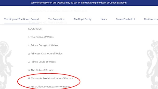 Royal website's line of succession on March 8, 2023