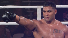 Tevita Pangai Junior celebrates his KO win over Raphael Sa'u in The Fists And The Furious.