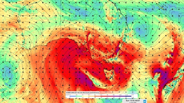 The wind gust speed and direction on Sunday June 5.