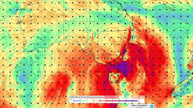 The wind gust speed and direction on Monday June 6.