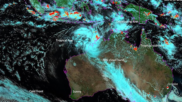 A tropical low developing NNW of Broome, on the Western Australian coast, is expected to reach cyclone intensity late on Monday or on Tuesday.